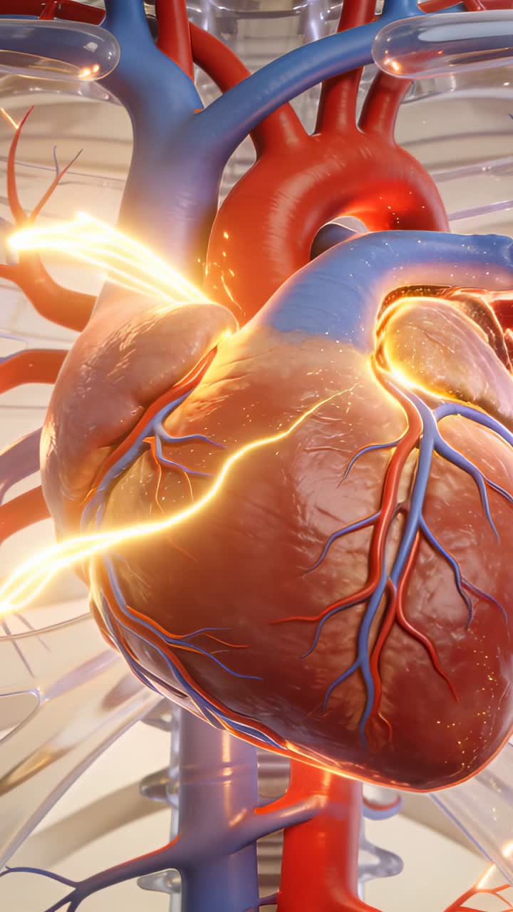 Video verticale: Scintilla che accende un modello di cuore tracciando la conduzione in laboratorio per dimostrare i vasi coronarici.
