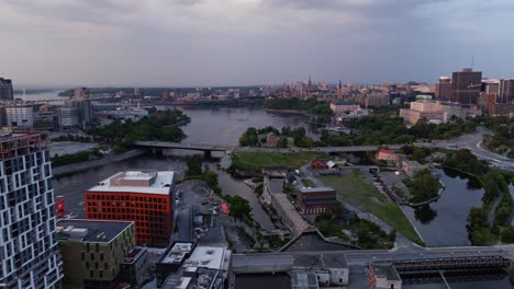 Cinematic-aerial-footage-of-the-Zibi-Community-looking-towards-Albert-Island-and-Victoria-Island-in-Ottawa,-Capital-of-Canada,-Drone