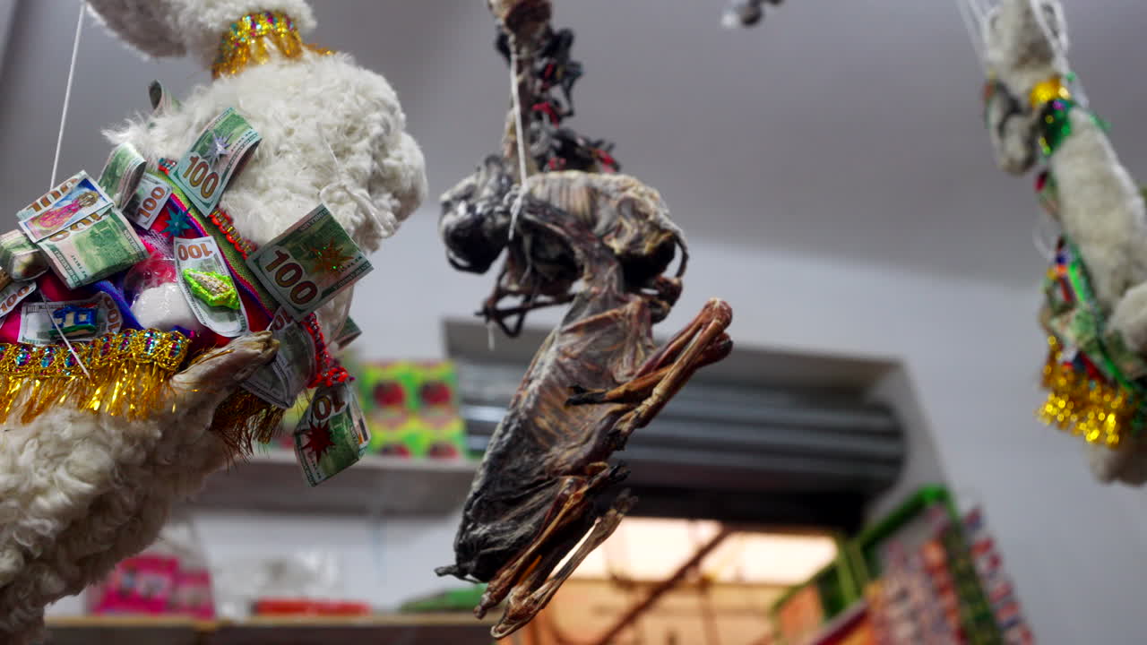 Tørrede dyreofre og rituelle genstande hænger fra en bod udstillet på Heksemarkedet, La Paz, Bolivia - Nærbillede
