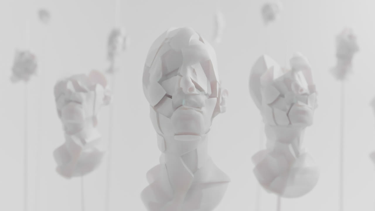 Multiple crushed android heads on spikes in white space