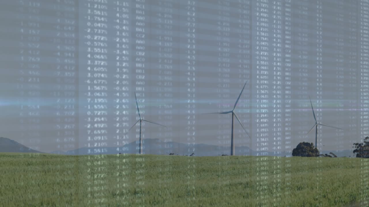 Grassland hosting turbines, chart bars appearing showing market trends, lens flare sweeping bars