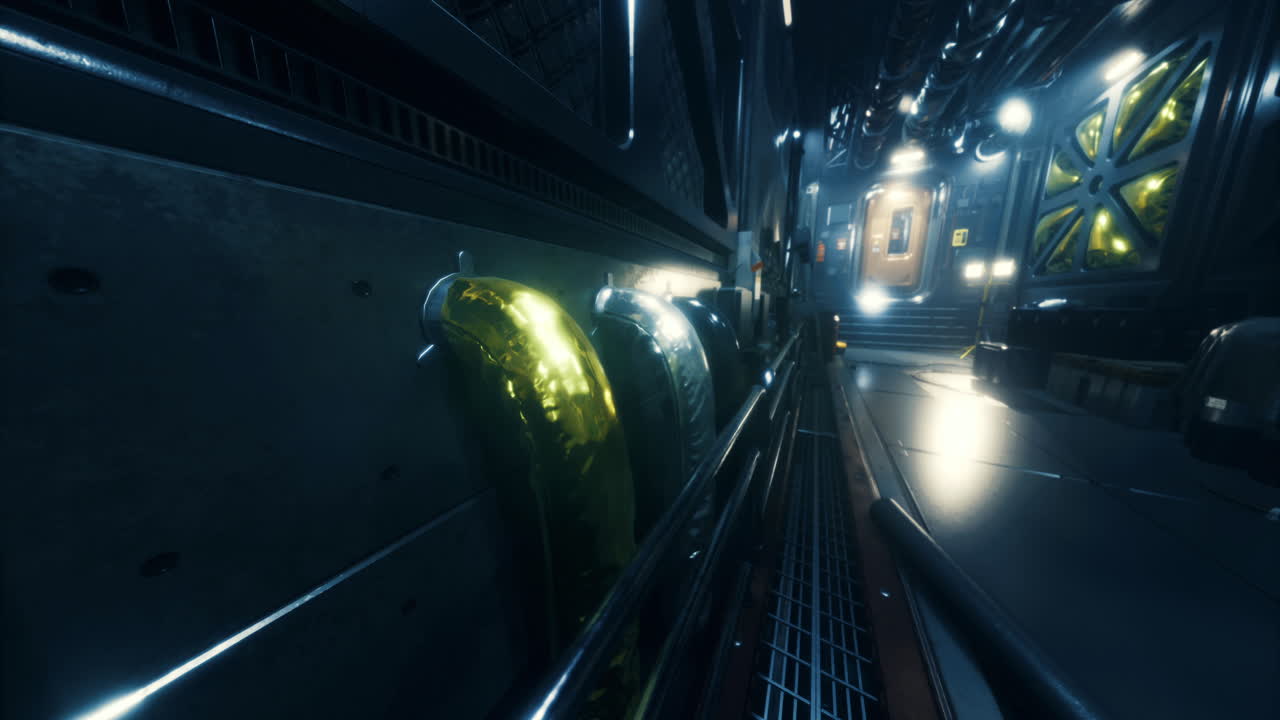 Spaceship Corridor with Glowing Yellow Components