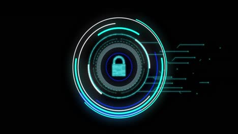 Security-padlock-icon-over-blue-neon-round-scanner-against-black-background