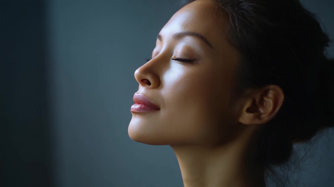 Potret jarak dekat yang tenang seorang wanita yang damai dengan mata terpejam, menampilkan ekspresi damai dan kecantikan alami dengan latar belakang lembut dan buram berwarna menenangkan