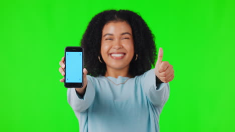 Woman,-phone-and-thumbs-up-for-mockup-on-green