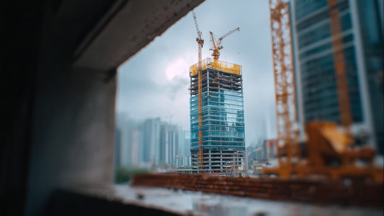 Progreso de la construcción de un rascacielos moderno bajo cielos nublados: capturada desde un punto de vista urbano con grúas y fachadas de cristal.