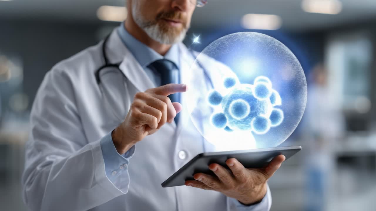 Un profesional de la salud analizando un modelo molecular virtual en una tableta digital, mostrando la intersección de la medicina y la tecnología en la atención médica moderna.