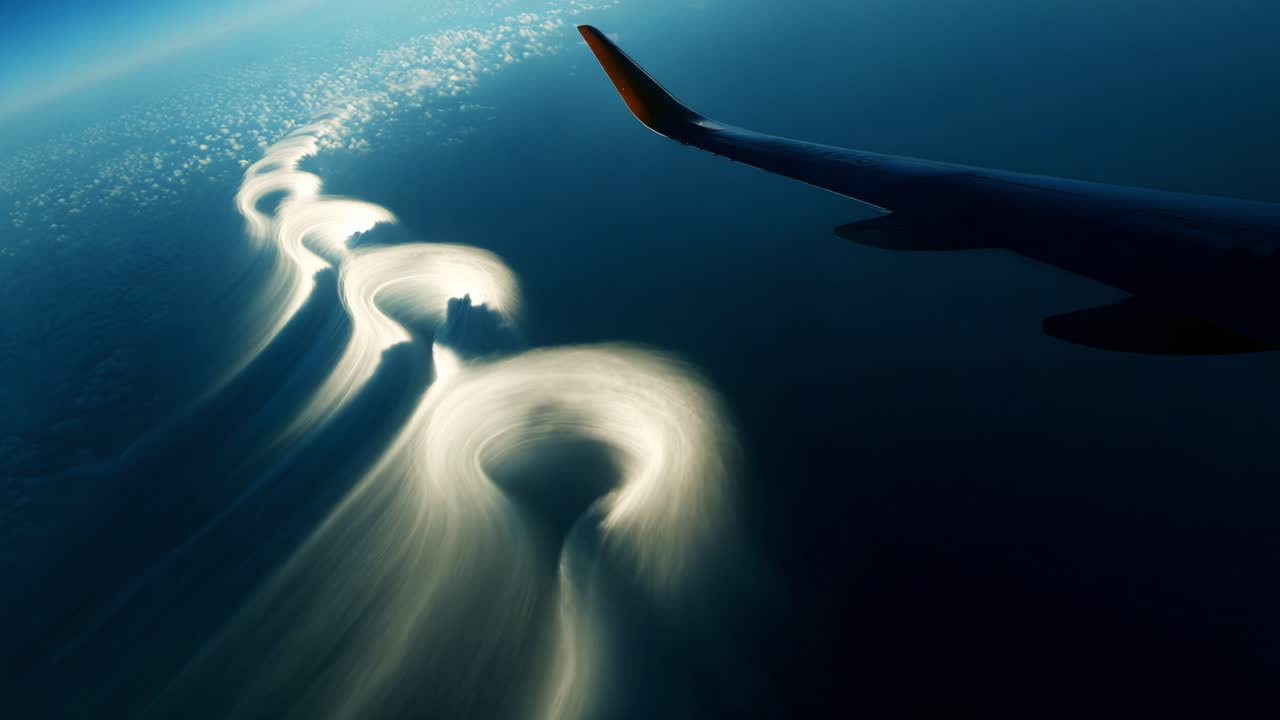 Aerial View of Ethereal Light Patterns Above the Ocean Captured from an Airplane Wing, Showcasing the Beautiful Interaction of Sunlight with Ocean Waves and Clouds