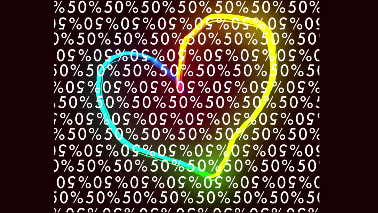 네온 심장의 애니메이션과 검은 바탕의 텍스트의 50% 할인