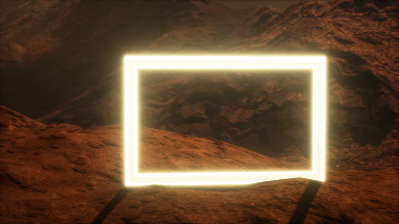 portal de neón en la superficie del planeta marte con el soplo de polvo