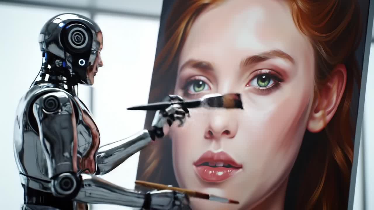 A Futuristic Robot Artist Skillfully Enhances a Stunning Portrait of a Young Woman with Intricate Brushwork and Vibrant Colors in a Modern Studio