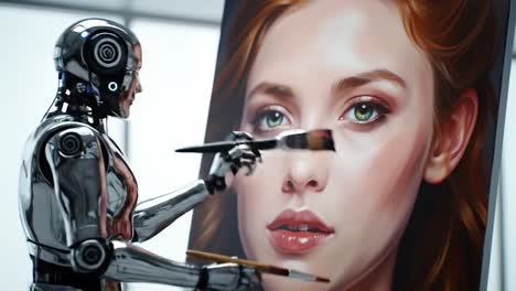 a futuristic robot artist skillfully enhances a stunning portrait of a young woman with intricate brushwork and vibrant colors in a modern studio