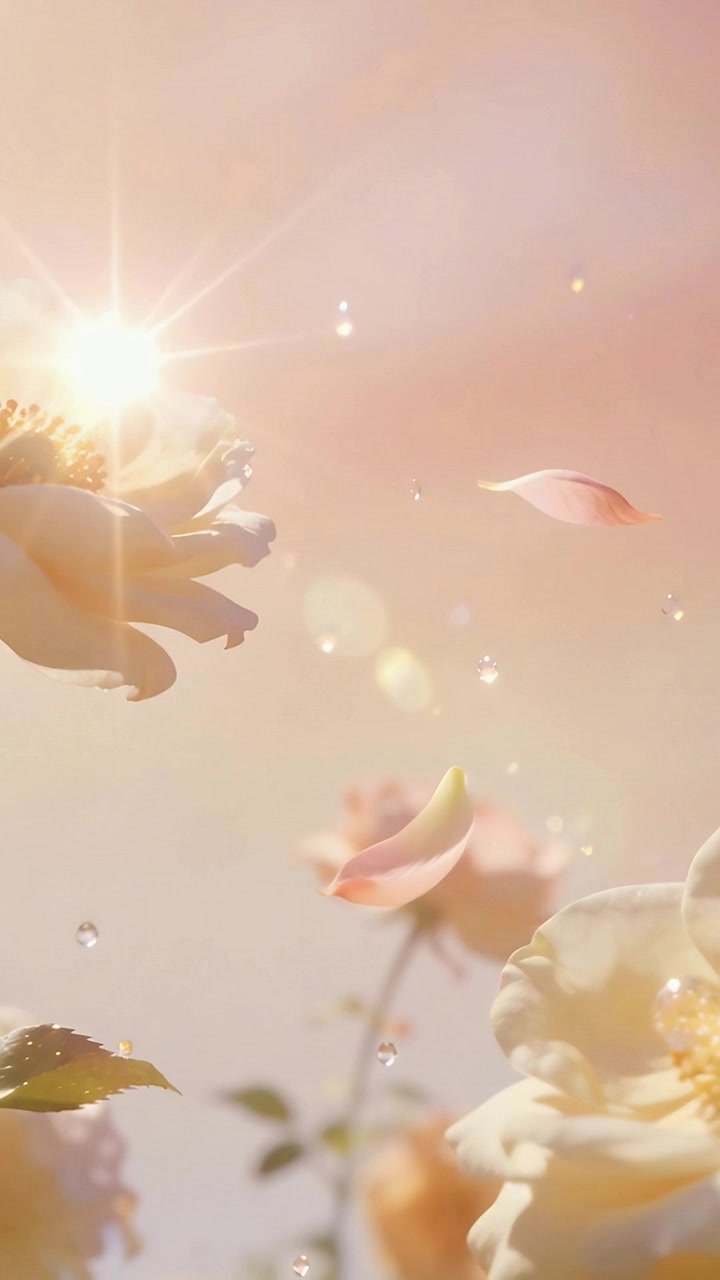 Video verticale: Petali e goccioline che fluttuano passando accanto a rose in un giardino in macro, con un bagliore solare che aggiunge luminosità.