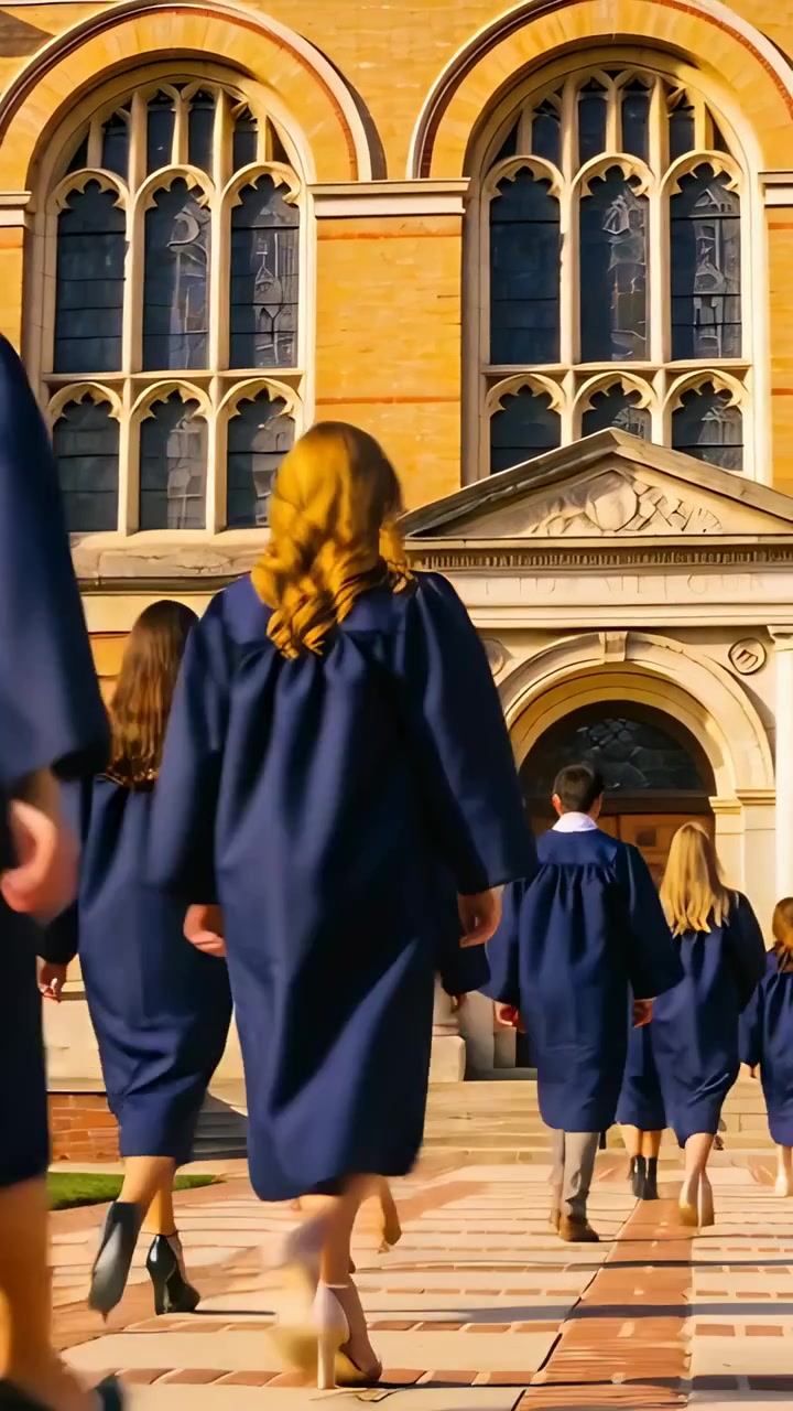 Vertical video: Walking graduates in navy gowns forming procession on campus walkway for diploma