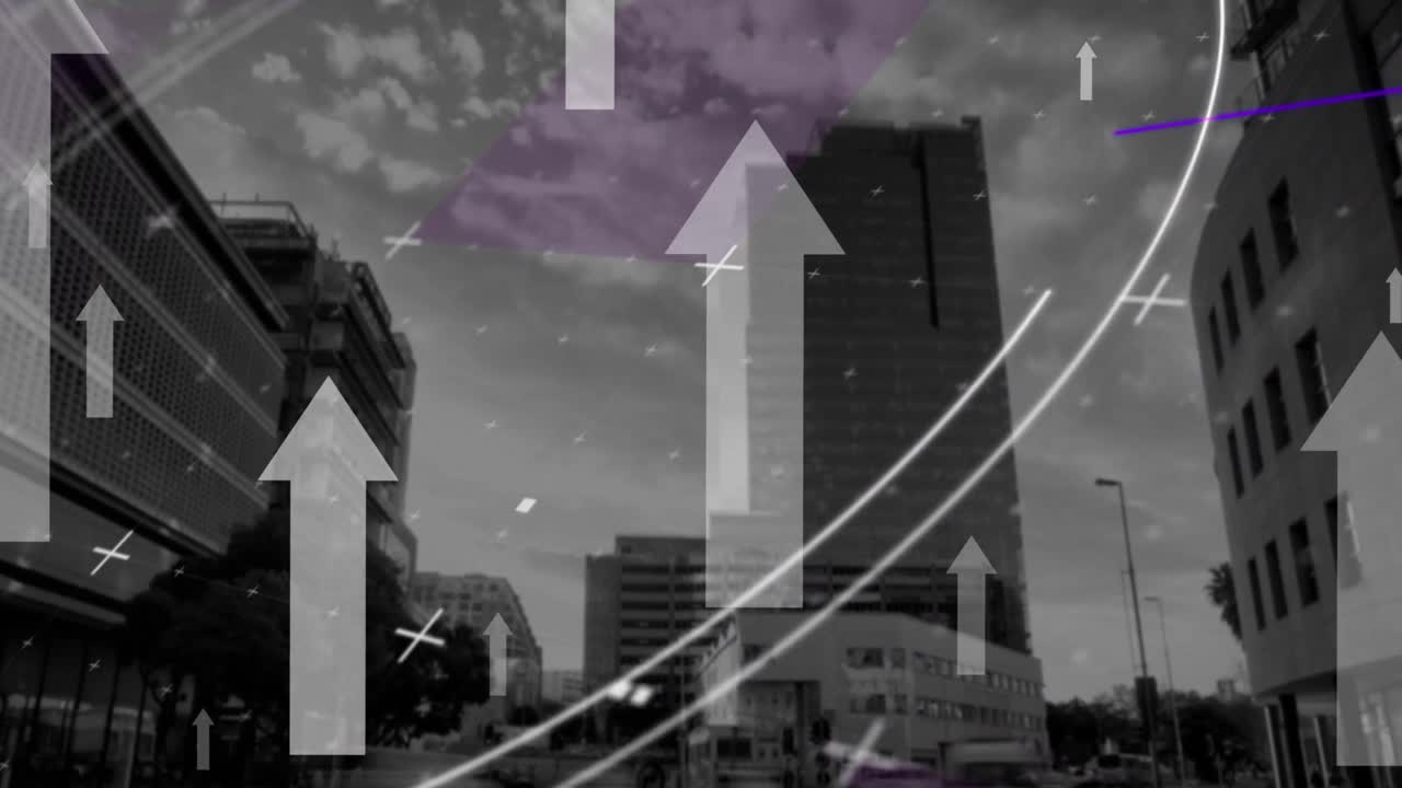 도시 풍경 위에 있는 화살표와 원의 애니메이션