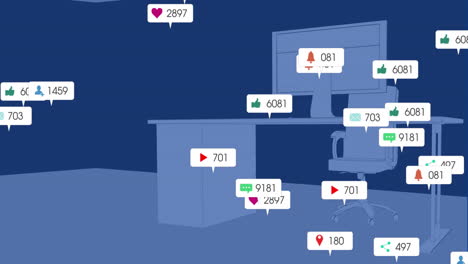 Animation-of-social-media-icons-with-numbers-over-desk-with-computer-on-blue-background