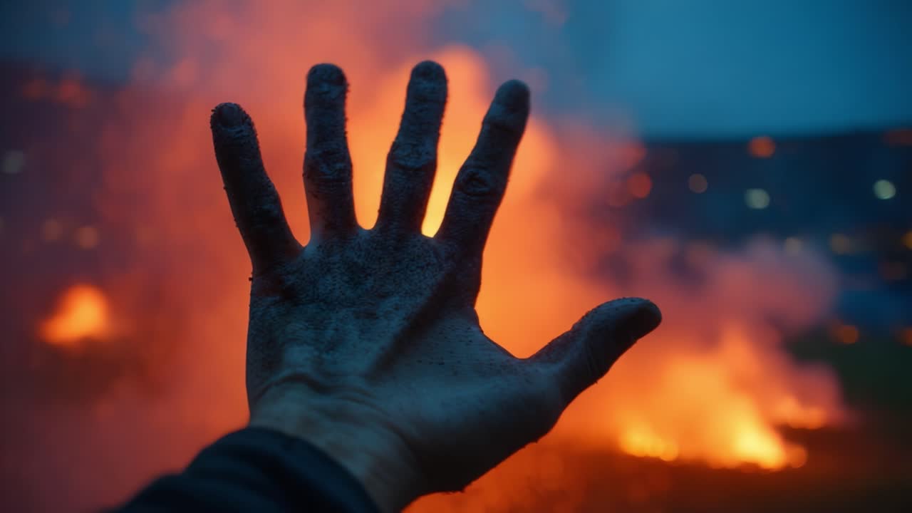 A Charred Hand Reaching Towards the Fiery Abyss: A Stark Contrast Between Human Existence and Nature's Raw Power in the Heart of Chaos