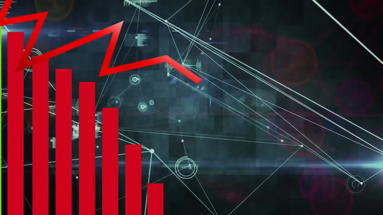 Animation of graph over network of connections with data processing on dark background