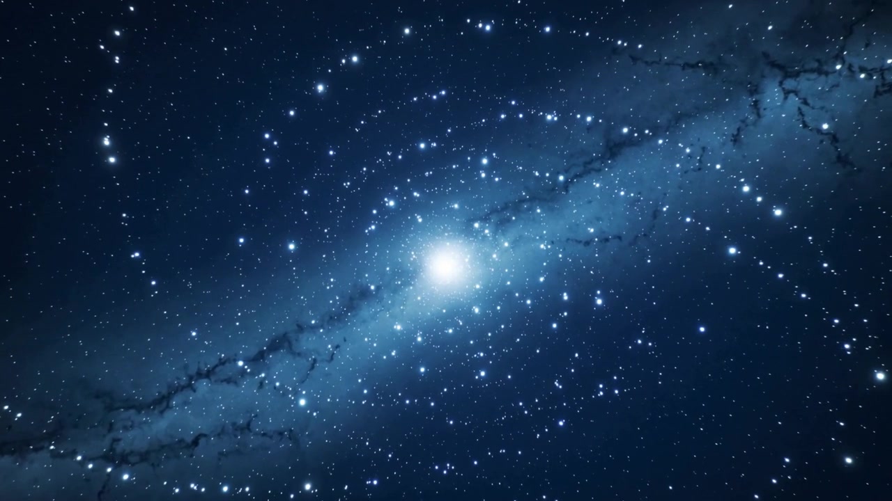 Acercando la cámara hacia un núcleo brillante en el espacio profundo, revelando el núcleo mientras el halo y el carril de polvo se desplazan.