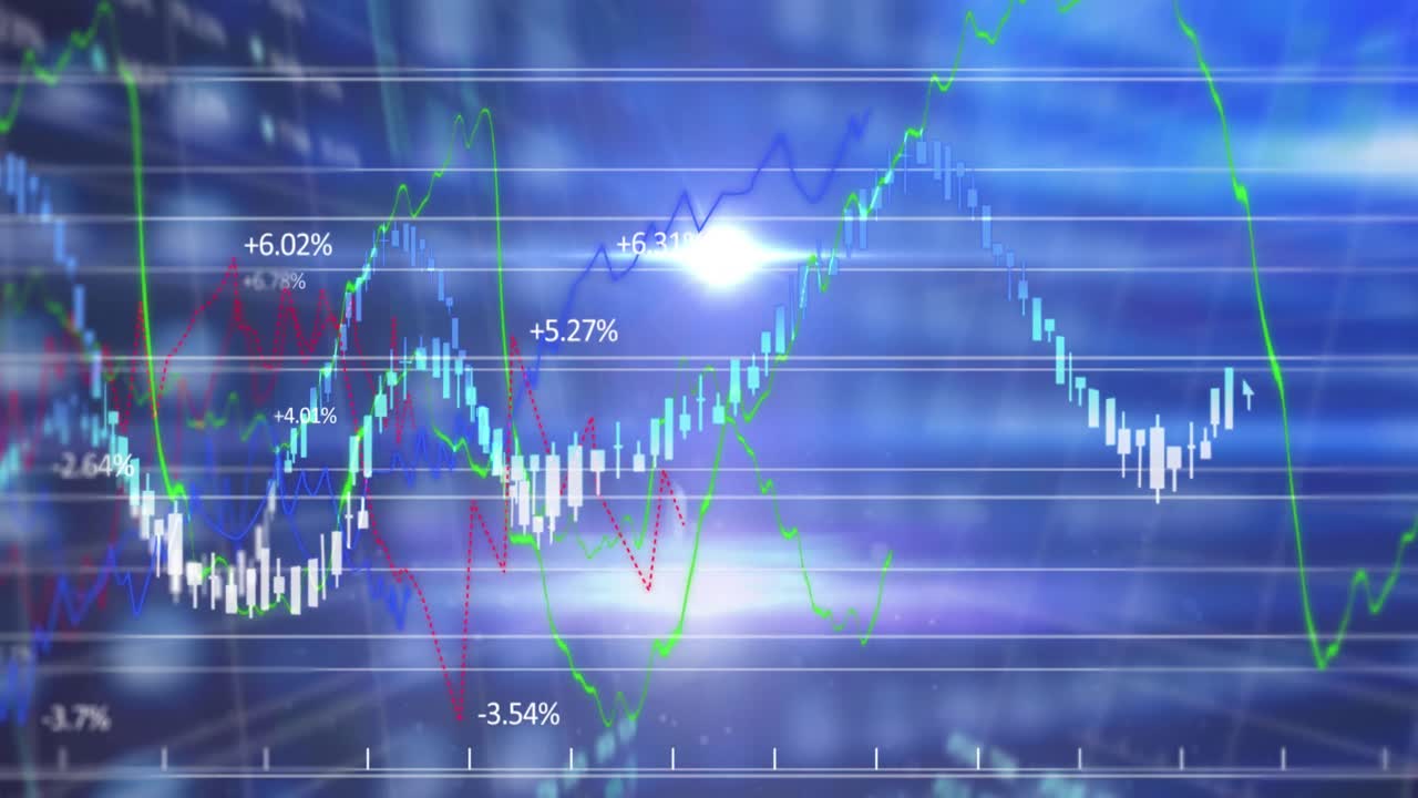 暗い背景に重ねられた金融データ処理の動画