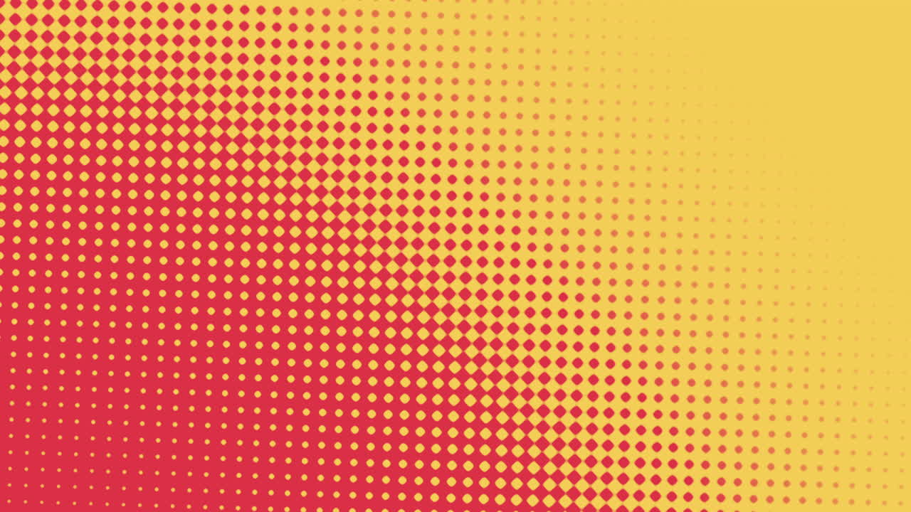 Levende gul og rød halvtoneprikket baggrund med en jævn diagonal gradientovergang, ideel til dynamisk motion design, titelskærme, præsentationer, sociale medier og reklameprojekter.