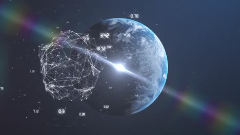 Animation-of-globe-of-network-of-connections-over-earth-in-universe-on-blue-background