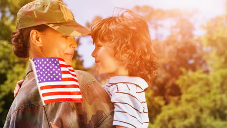 animation of soldier with son and american flag outdoors