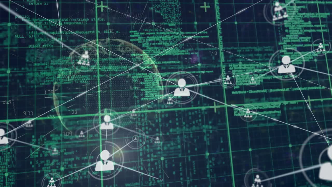 Animation of network of connections with people icons over data processing