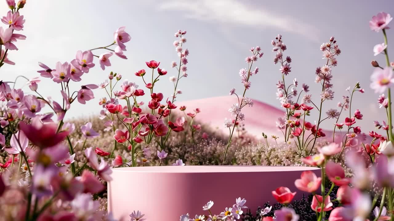 A dreamy, pastel-toned video scene with a low-angle view of vibrant wildflowers against a soft pink