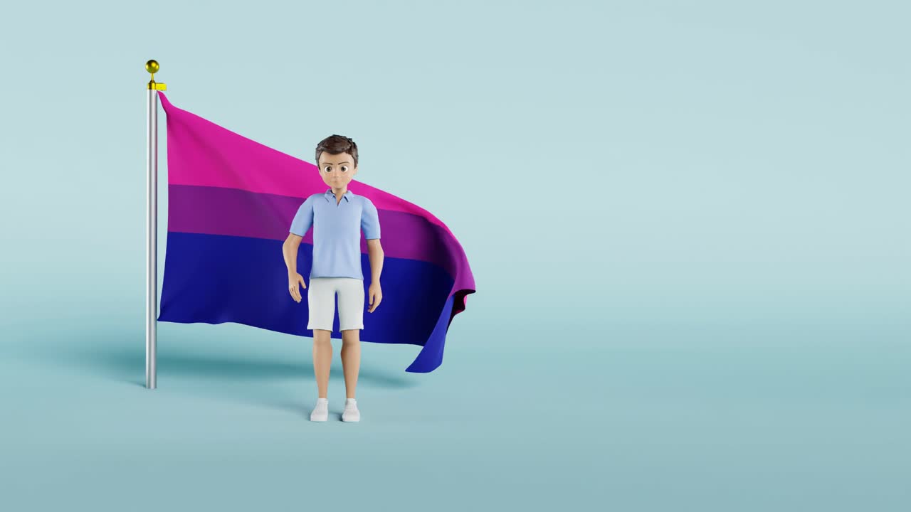 una bandera de orgullo bisexual que fluye contra un fondo azul, animación en 3d