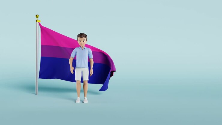 a Bisexual Pride Flag flowing against blue background, 3D animation