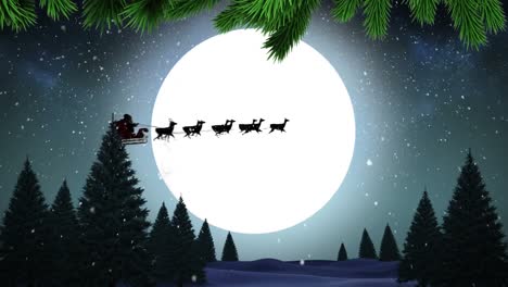 Digital-animation-of-snow-falling-over-winter-landscape-and-silhouette-of-santa-claus-in-sleigh-bein