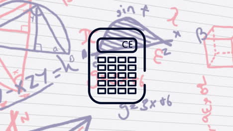 icono de la calculadora contra ecuaciones matemáticas en papel de línea blanca