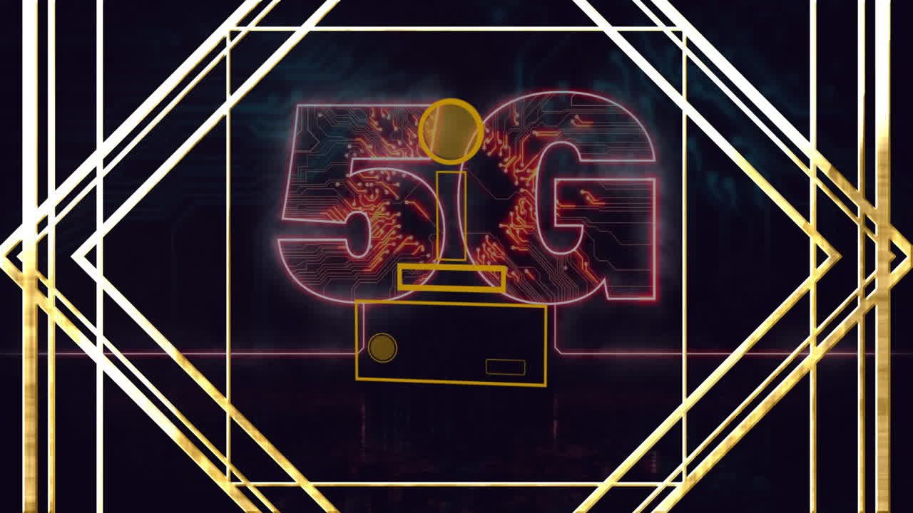 5G technology circuit design and animation over geometric shapes on dark background
