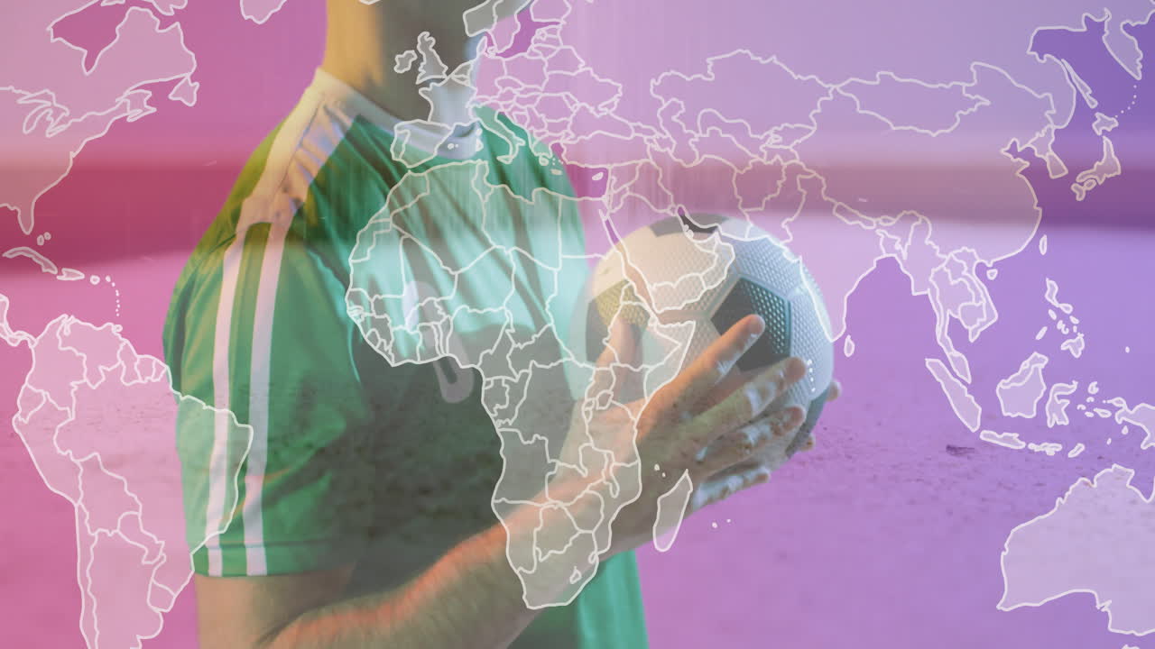 Holding soccer ball, person with world map animation on pink background