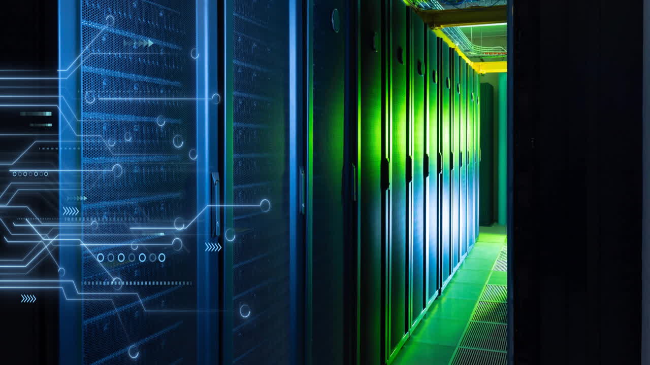 Animation of circuit board and data processing over computer servers