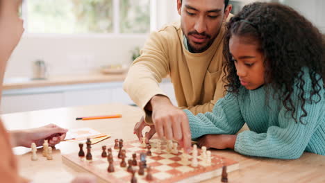 familia, padre e hijos jugando al ajedrez