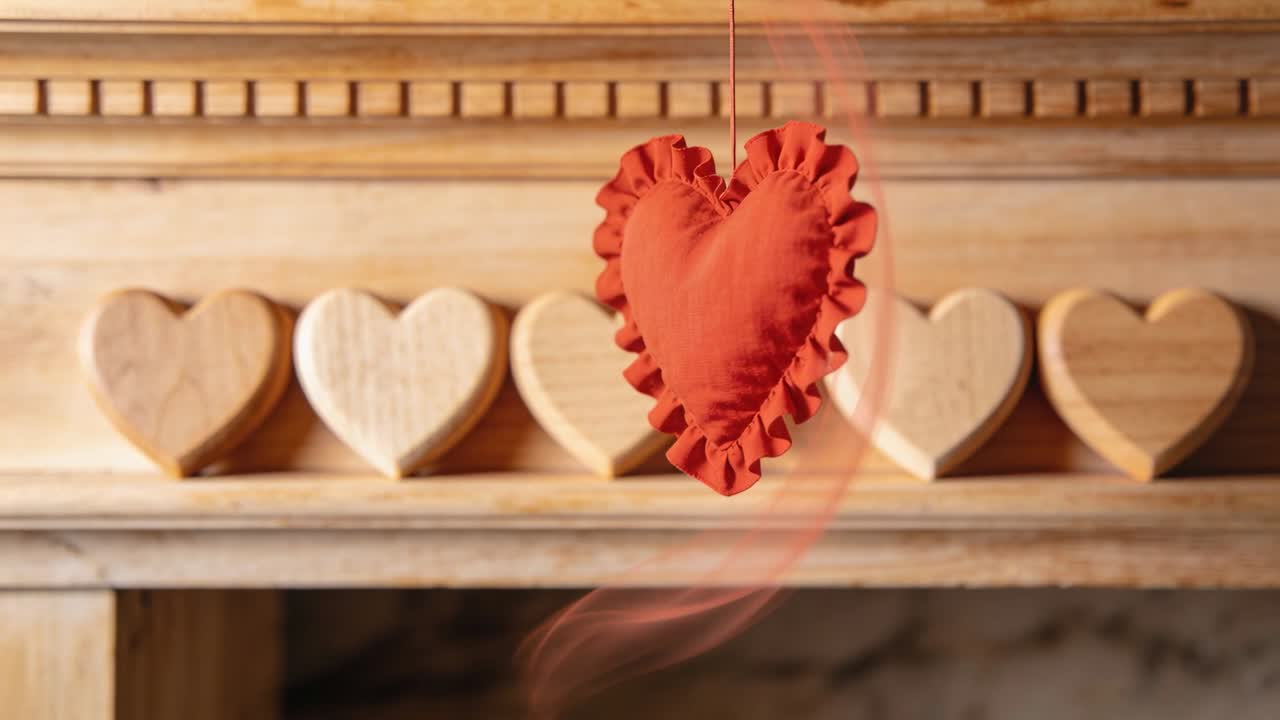 Cuore di stoffa rosso arricciato, ondeggiante alla brezza, che ruota su una mensola di legno con cuori intagliati