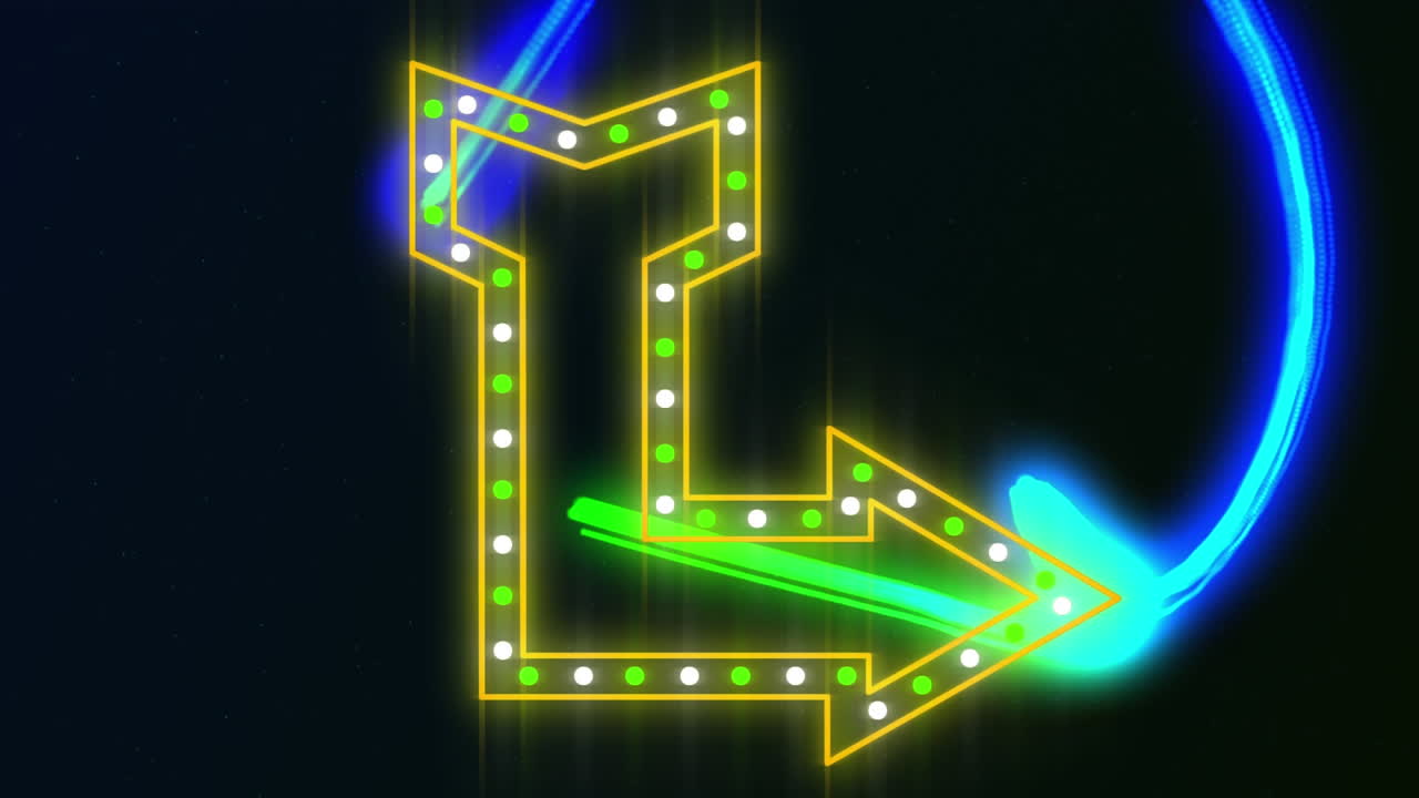 Animazione di freccia al neon tremolante su scia di luce blu e verde sullo sfondo.