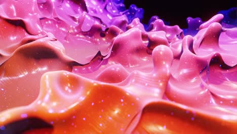 smooth abstract animation of liquid gradient red purple in 4k. bright glossy paint surface as abstract looped festive background. glitters on viscous liquid with 3d splashes on surface like drops.