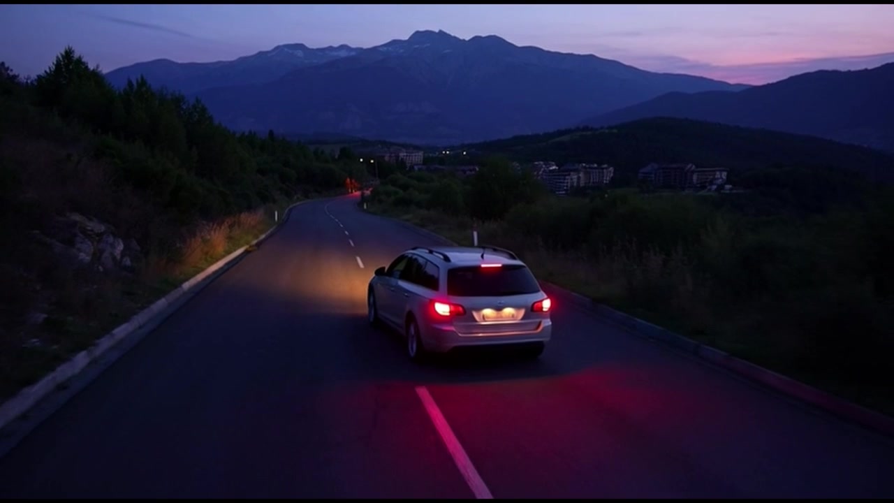 Station wagon argentata in corsa su strada di montagna al crepuscolo