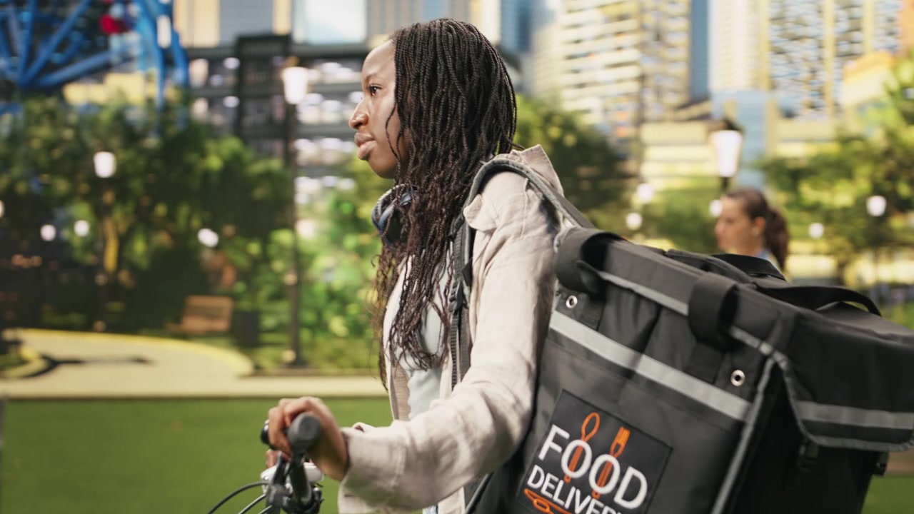Woman bicycle courier standing with bike and insulated delivery backpack