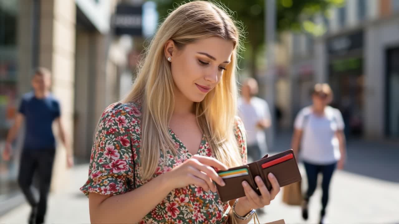 A young woman checks her wallet on a vibrant street, showcasing her style and engagement with everyday life while surrounded by a bustling urban atmosphere