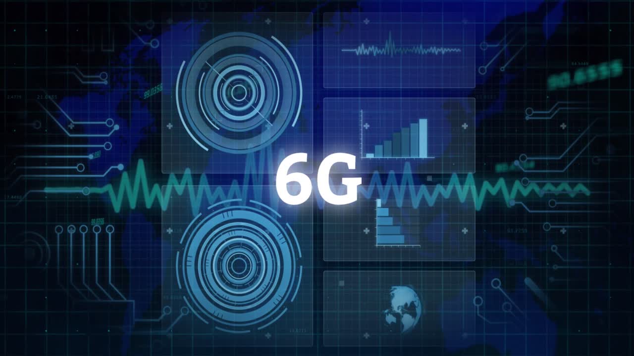 Animation of 6g text banner over data processing and microprocessor connections against world map