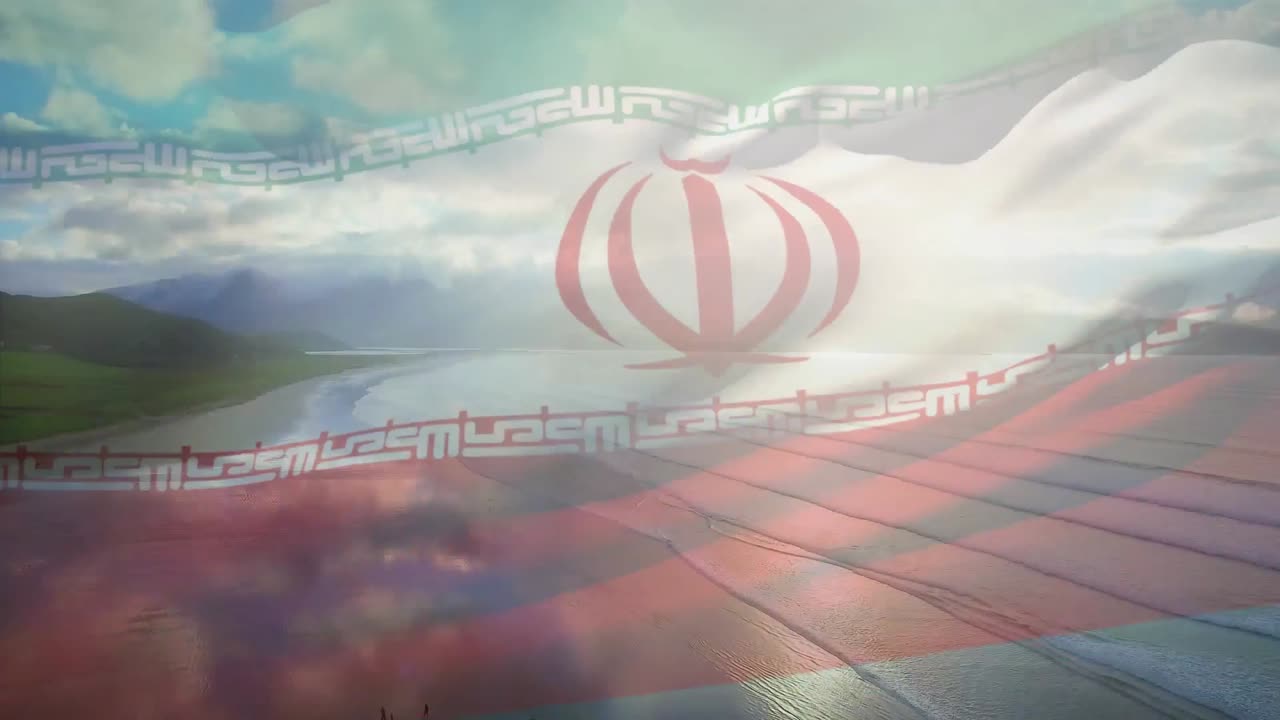 해변과 바다의 공중 전망에 맞춰 이란  ⁇ 발을 흔드는 디지털 구성