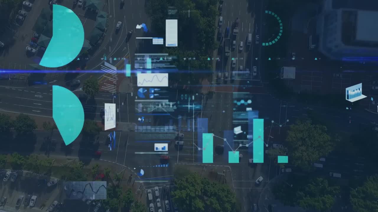 Animation of data processing over cityscape