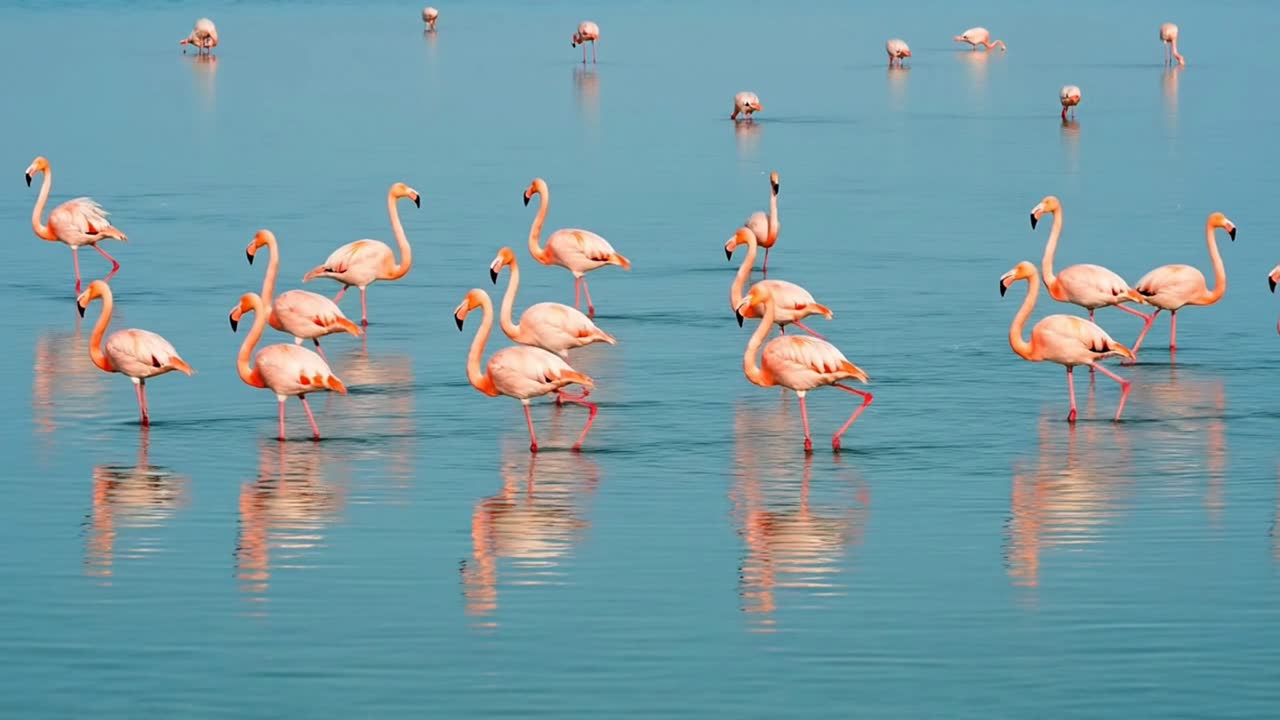 Flock of Pink Flamingos Wading in Calm Blue Water