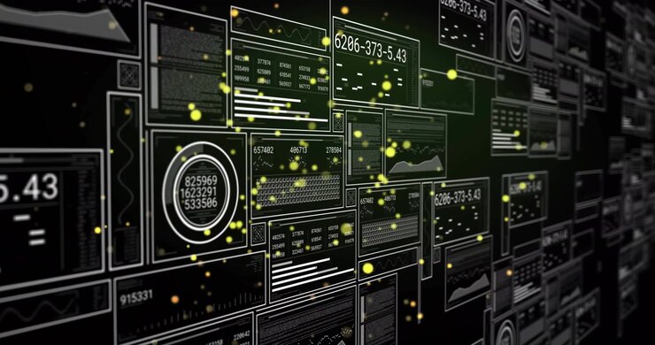 Data wall updating with particle field appearing, camera panning charts updating showing live data