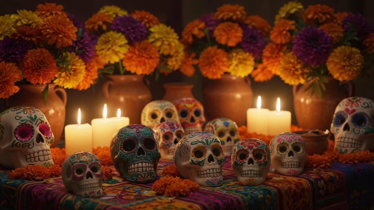 Celebratory Display of Colorful Skulls and Florescent Marigolds at an Altarpiece with Illuminating Candles, Capturing the Essence of Remembrance and Tradition