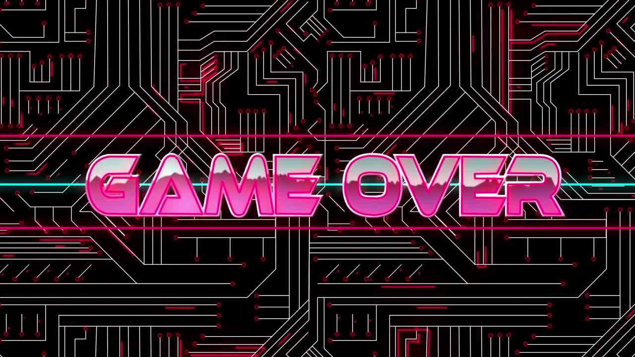 마이크로프로세서 연결에 대한 네온 배너 위의 텍스트 위의 게임의 디지털 애니메이션